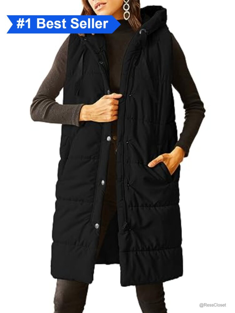 Quilted Long Puffer Vest Sleeveless Hooded Button Down Padded Winter Coat